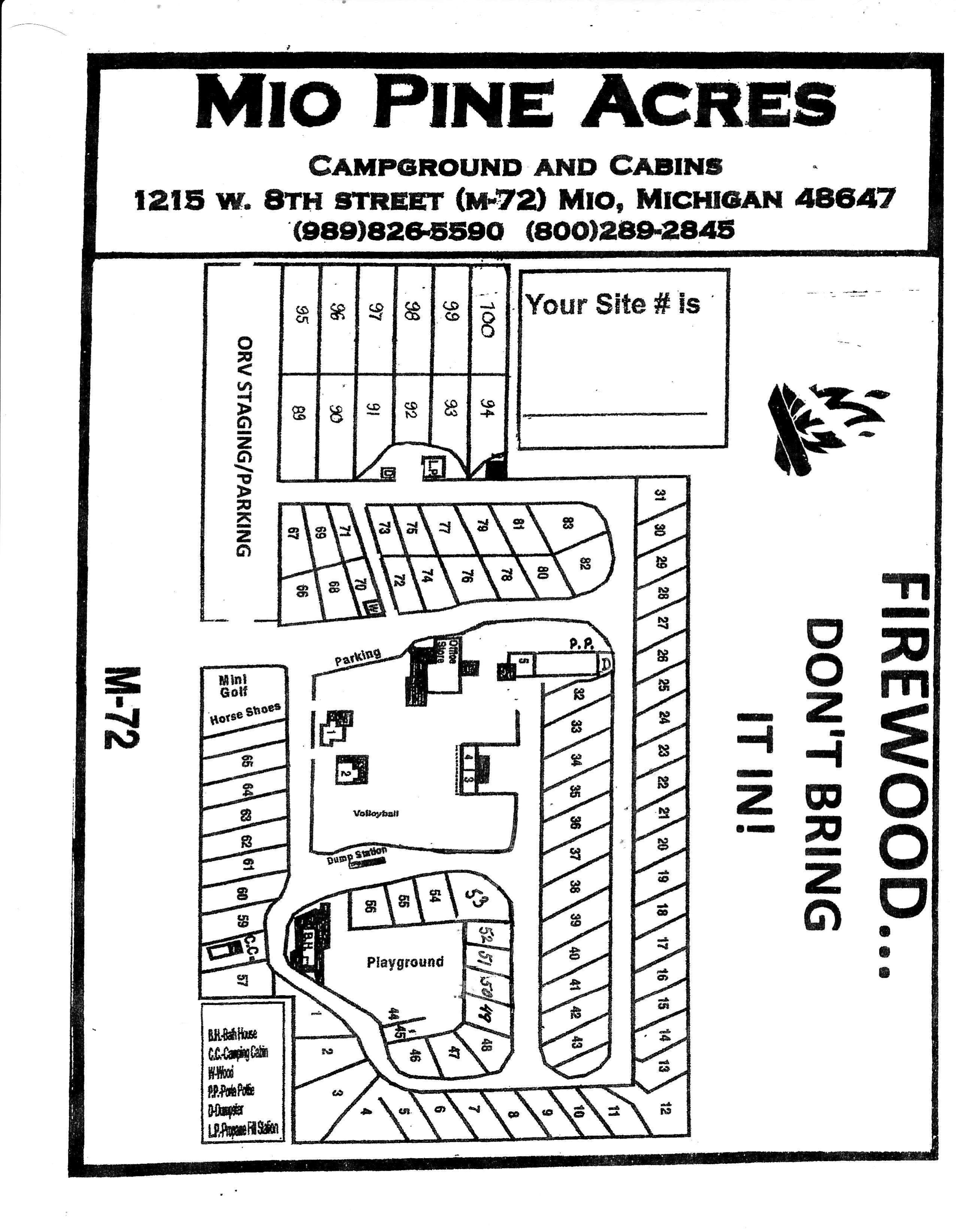 Mio Pine Acres campground site map showing all numbered sites, cabins, ORV staging area, bath house, playground, mini-golf, and amenity locations