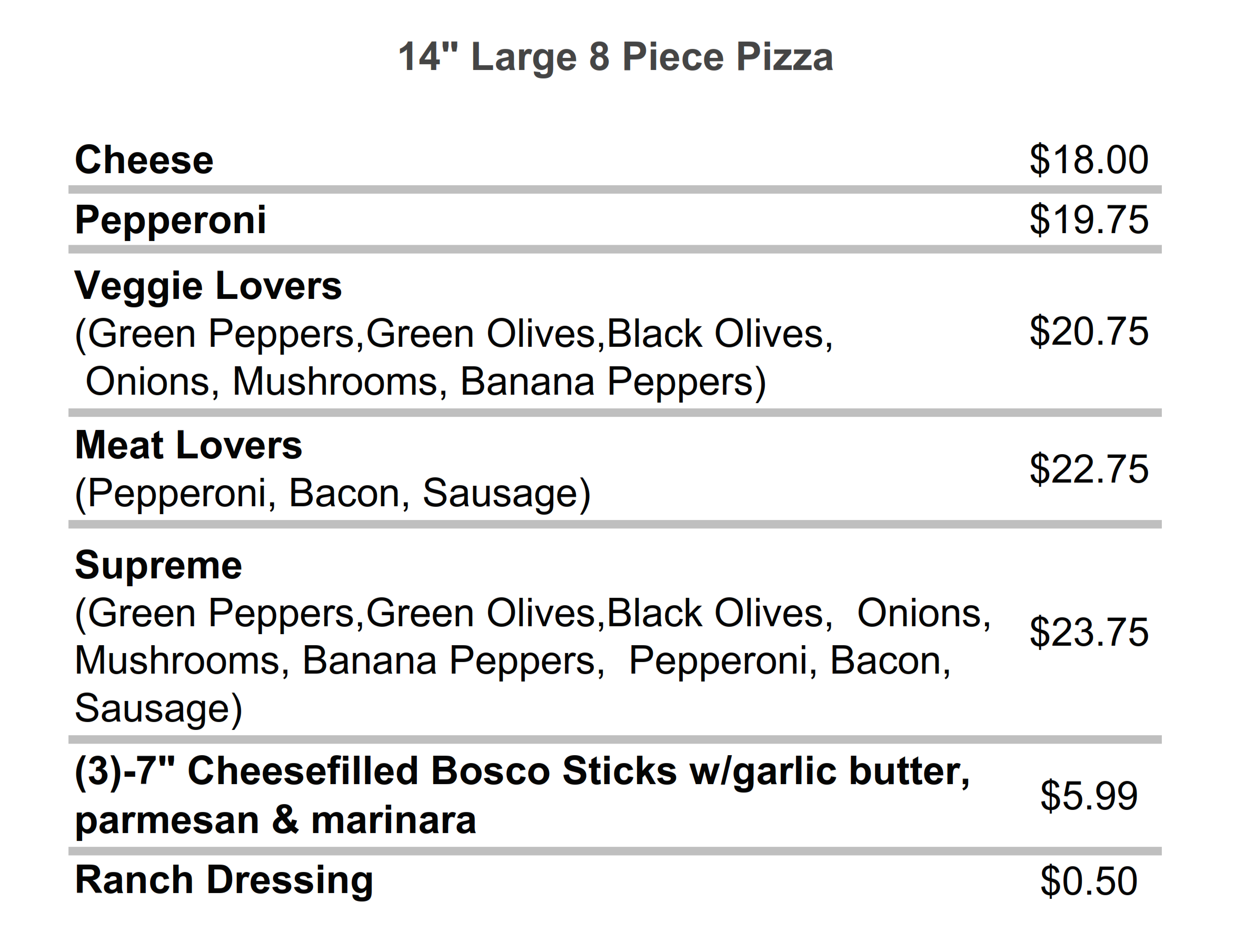 Mio Pine Acres pizza menu